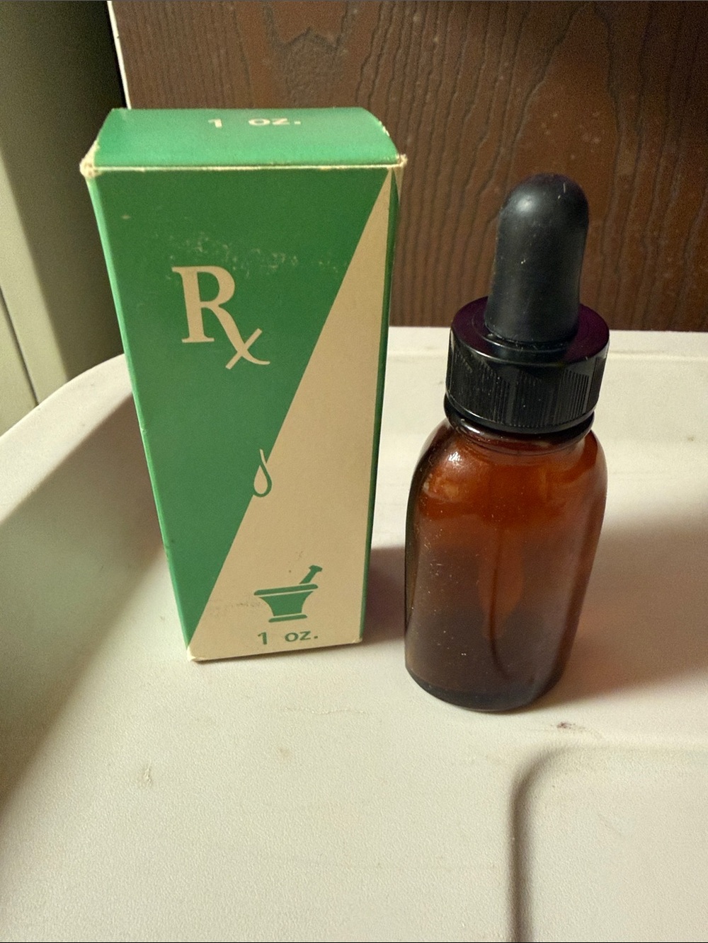 Vintage Amber Glass Apothecary Dropper Bottle with RX Box – 1 oz